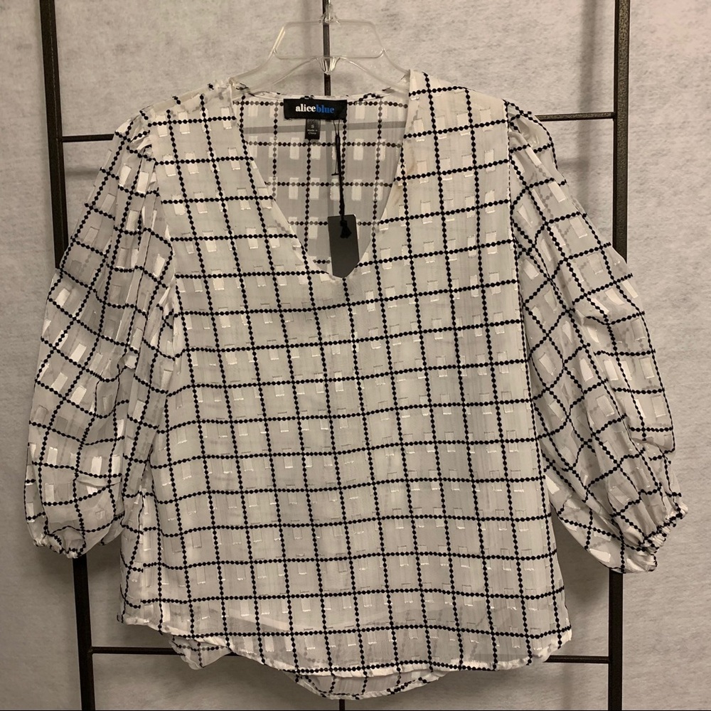 Alice Blue‎ Blouse Women Small White NWT Windowpane Puff Sleeve V-Neck Top